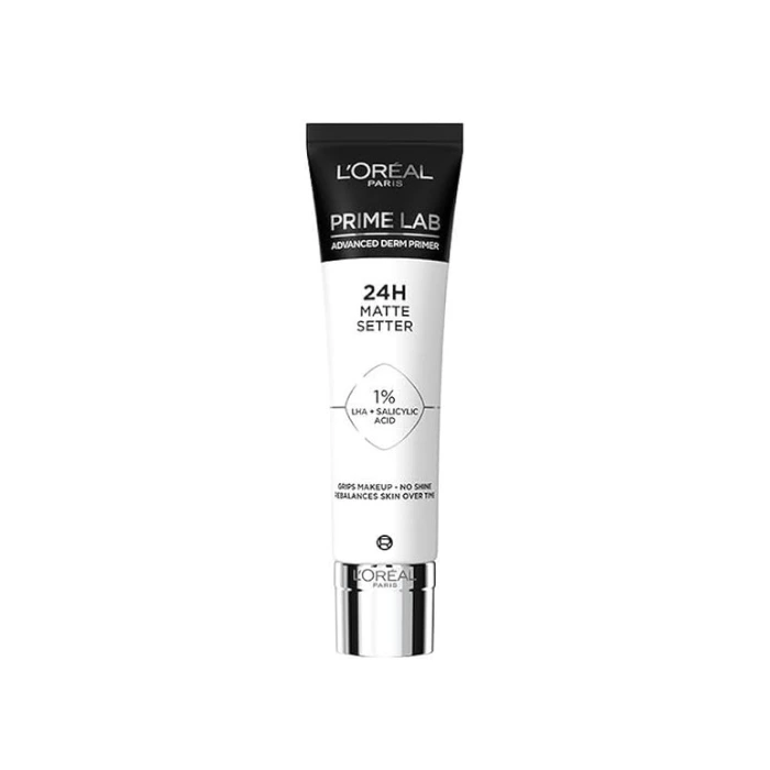 پرایمر مات کننده لورال پرایمر مات کننده 24 ساعته لورال (L'Oreal Prime Lab 24H Matte Setter) – مناسب پوستهای چرب و مختلط، حاوی سالیسیلیک اسید و LHA، با ماندگاری 24 ساعته و فرمولاسیون سبک.
