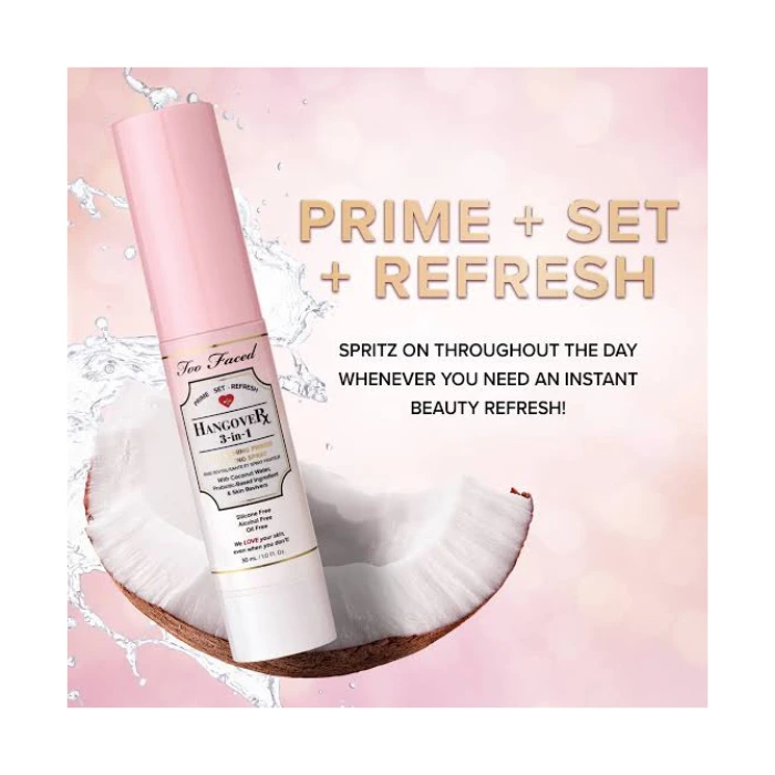 IMG_4622 (1) اسپری فیکس سهکاره توفیسد Too Faced Hangover 3-in-1 با طراحی سبک و فرمولاسیون آبرسان، مناسب برای افزایش ماندگاری آرایش و طراوتبخشی پوست.